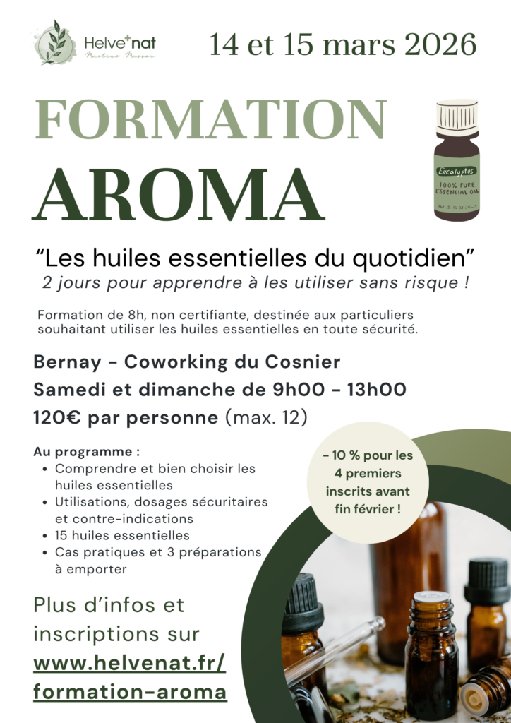 Affiche officielle de la formation « Les huiles essentielles du quotidien » proposée à Bernay.